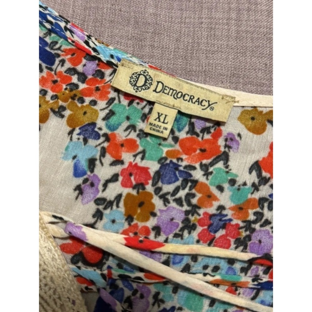 democracy blouse xl floral boho, multicolor lace trim, bell sleeve rayon chevron